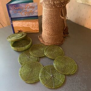 Pier1, 6 round handmade GREEN beaded coasters with beaded case. 4 inches around.
